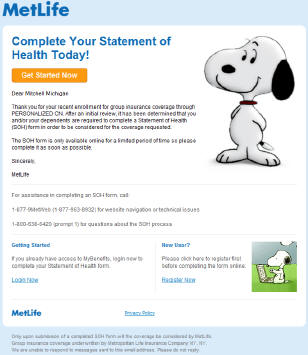 MetLife Complete Your Statement of Health Today example email