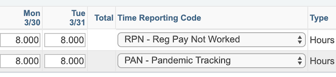 timesheet showing codes RPN for payment and PAN for tracking use of COVID paid time off