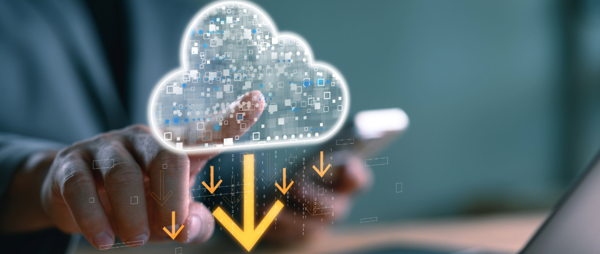 Hand pointing at a digital cloud image with down arrows representing data coming out of the cloud.