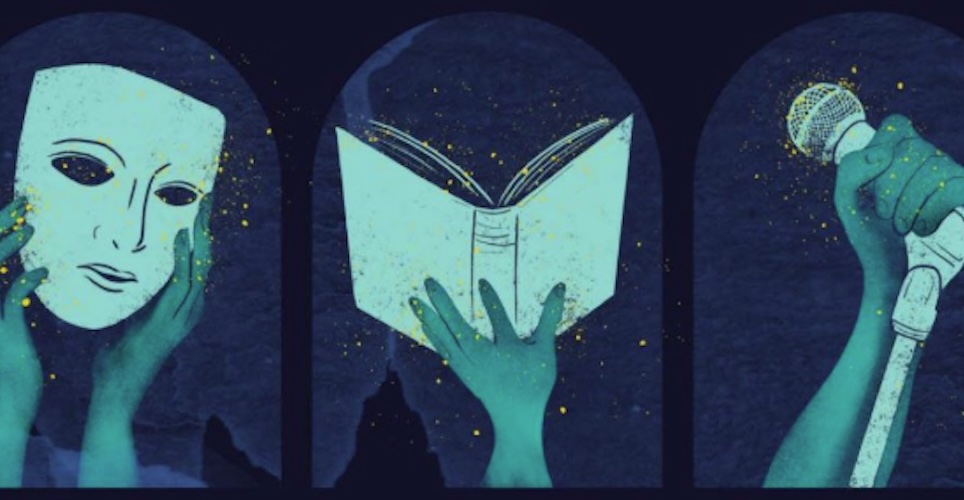 Three images representing theater, literature, and music, elements of the Michigan Arts Festival