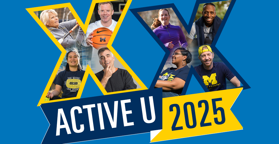 Celebrating 20 years of Active U, collage of people exercising inside two big x's