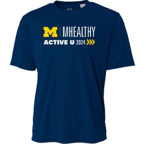 blue shirt with the MHealthy logo and Active U 2024 written on it