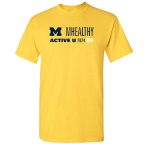 yellow shirt with the MHealthy logo and Active U 2024 written on it