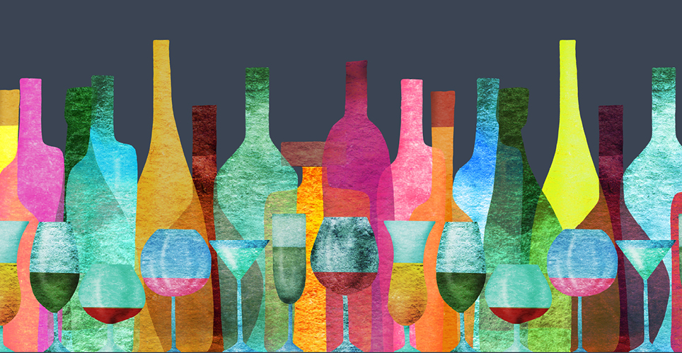Illustration of beer, wine and liquor bottles and glasses