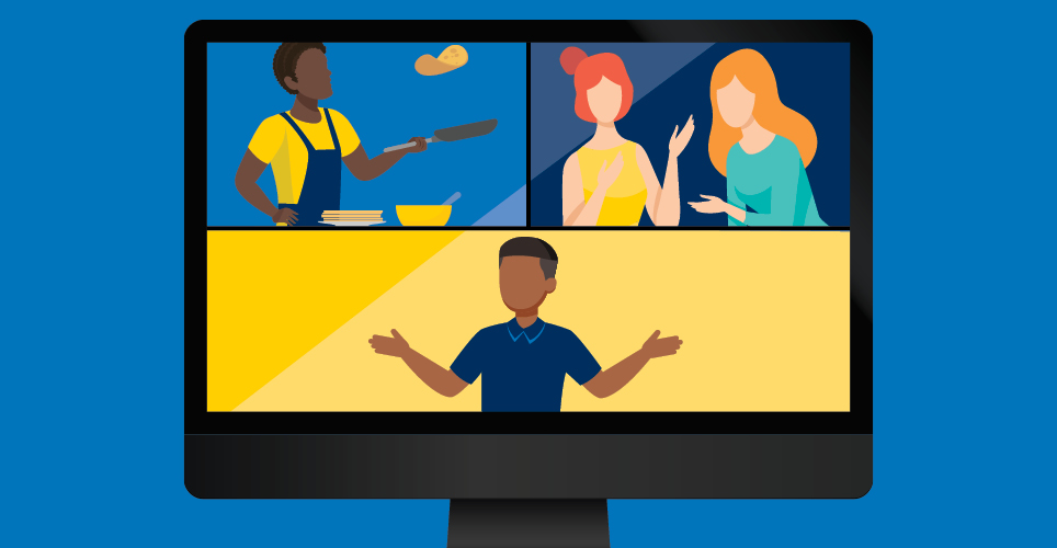 illustration of computer screen with images of people talking, cooking and presenting.