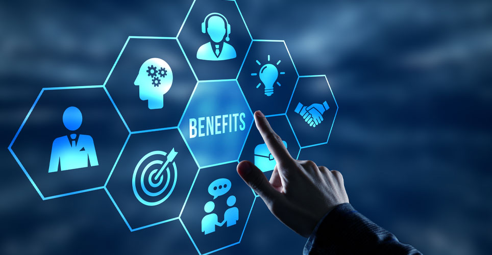 virtual benefits symbols with "benefits" in the middle on a blue background