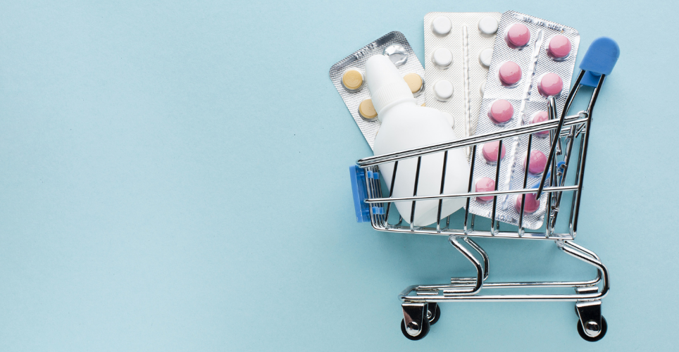 A shopping cart filled with prescription and OTC drugs