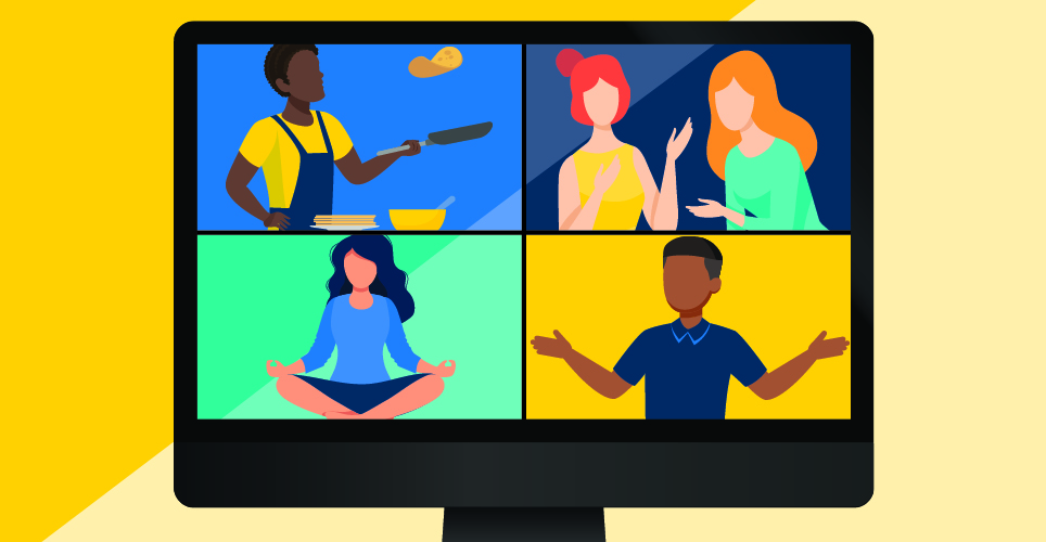 Illustrations of computer screen with images of a man cooking, two women enjoying conversation, woman meditating, and a man doing a presentation.