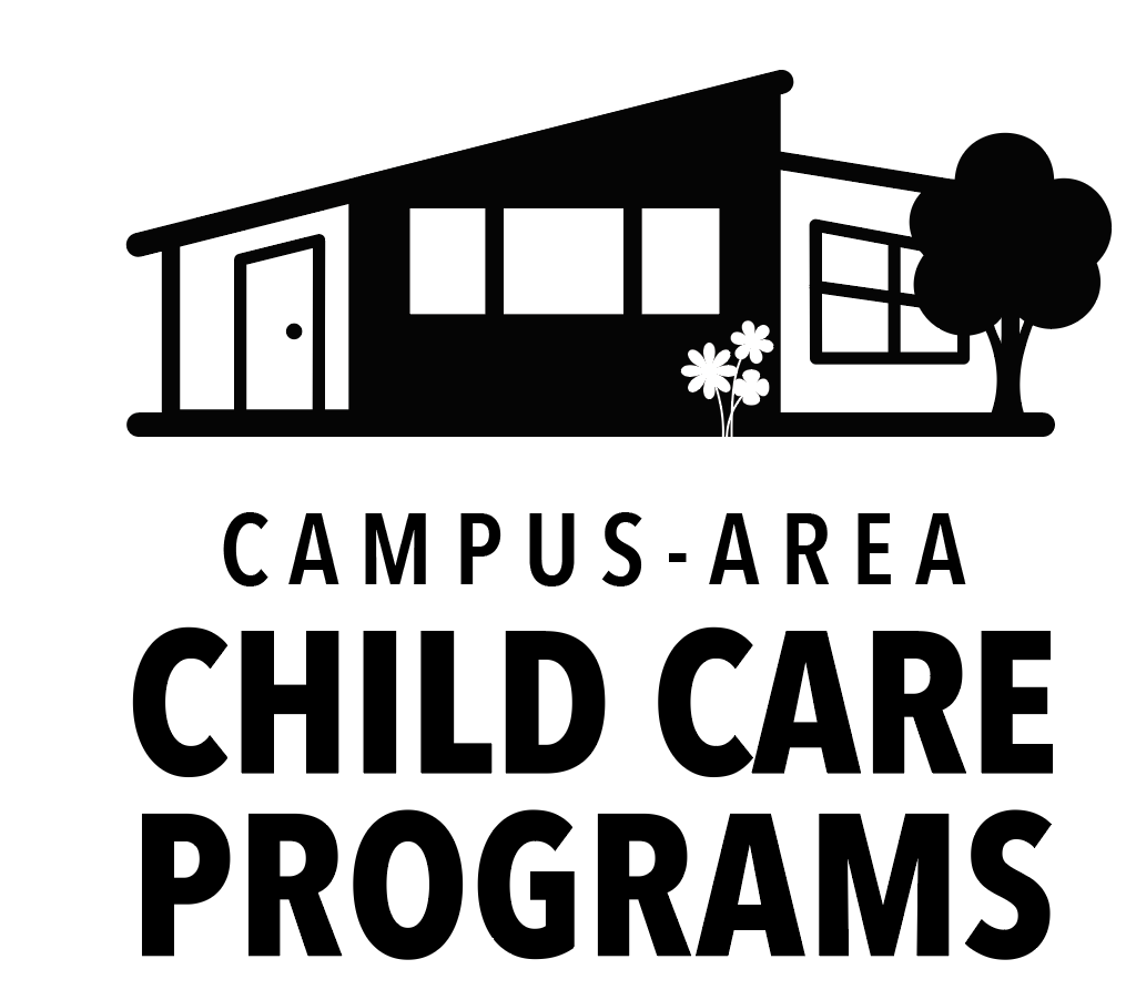black and white image of a house with the words "Campus-Area Child Care Programs"
