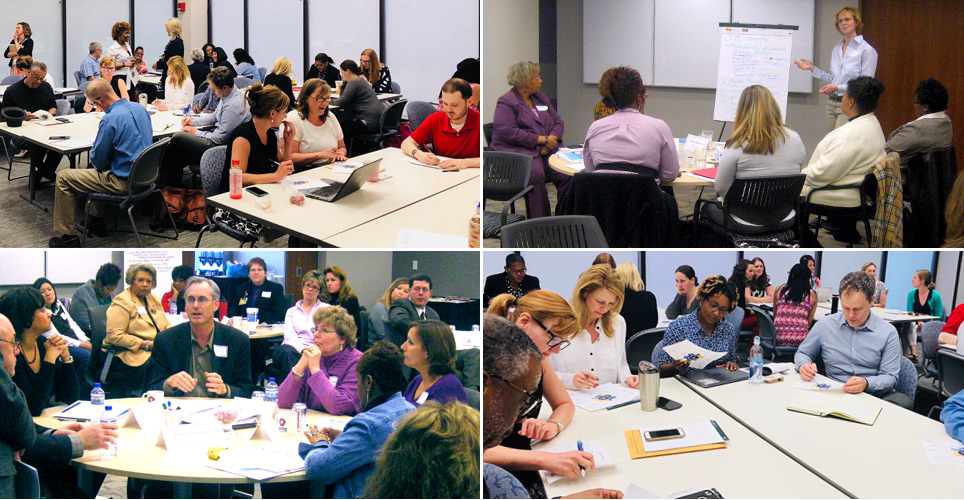 Group members discussing at tables and listening to presenters at a Community of Practice meeting.