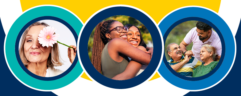 Three circles with images of people caring for families and themselves