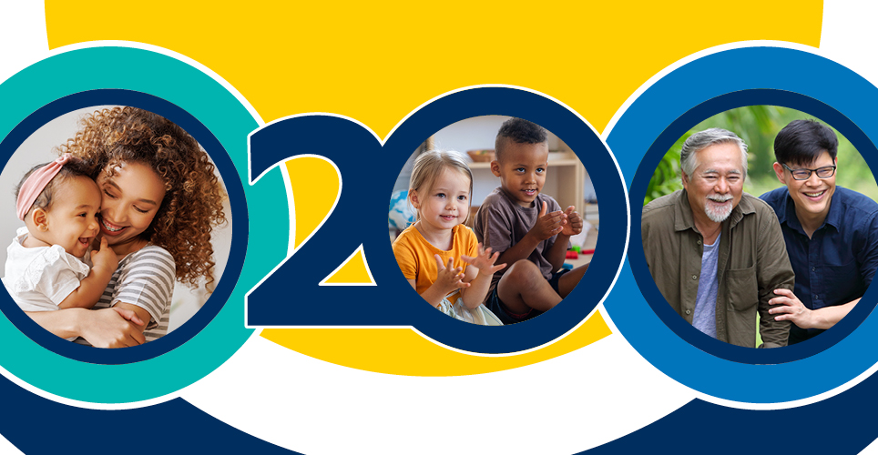Maize and blue circle design with a number 20 in the middle, and Images of people in the circles