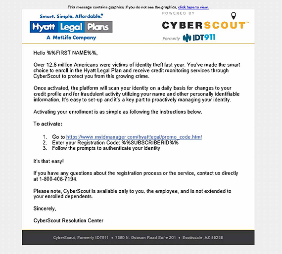 Image of email from Hyatt Legal Plans and CyberScout