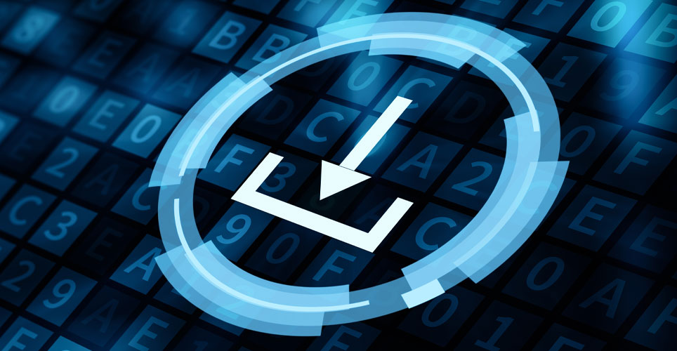 Light blue download symbol in a circle; all on a dark blue background