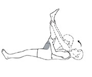 Illustration of person laying on the ground with one leg stretched being held with their hands and stretching the groin
