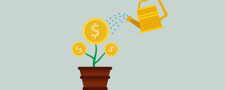 Illustration of a potted plant growing coins being watered. 
