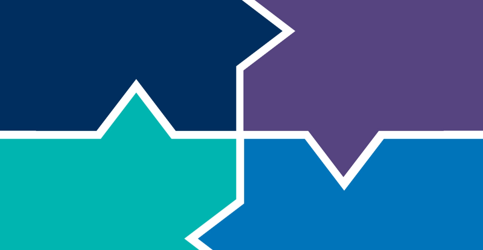 Four interlocking squares in dark blue, purple, teal, and blue.