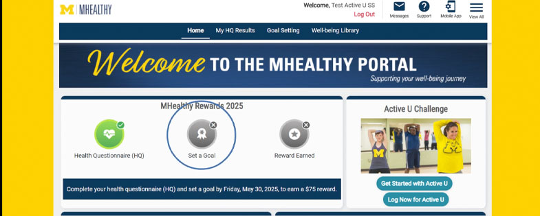 image of MHealthy Portal homepage with goal setting circled