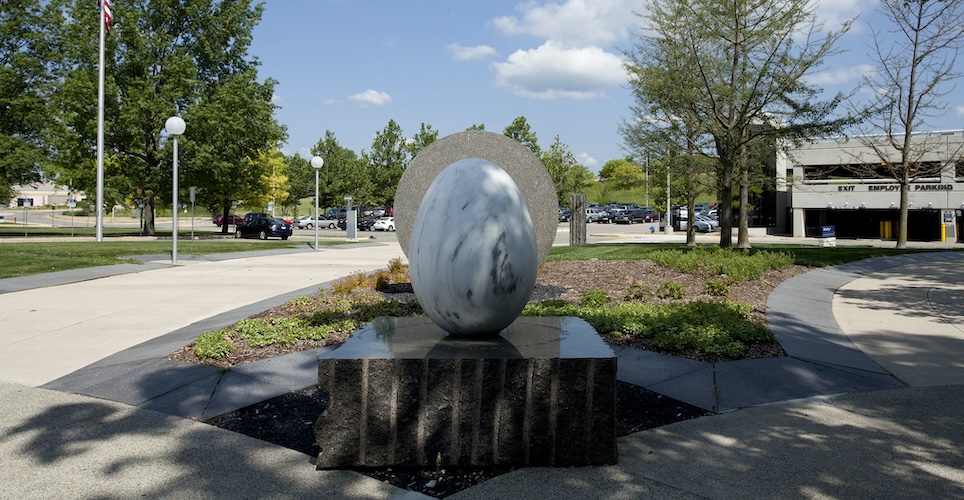 Egg-shapped sculpture called Liberation located on U-M North Campus Research Complex. Photo by James Rotz for Michigan Engineering Commmunications and Marketing