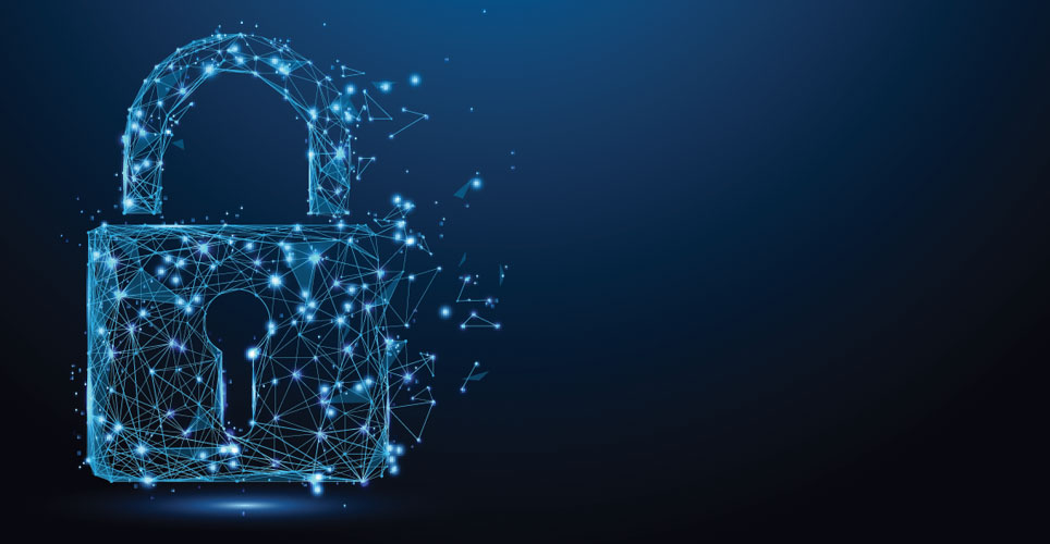 Pixillated white lock against a blue-black background