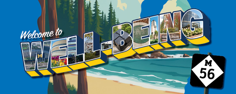 illustrated beach scene in the shape of Michigan and an M56 road sign