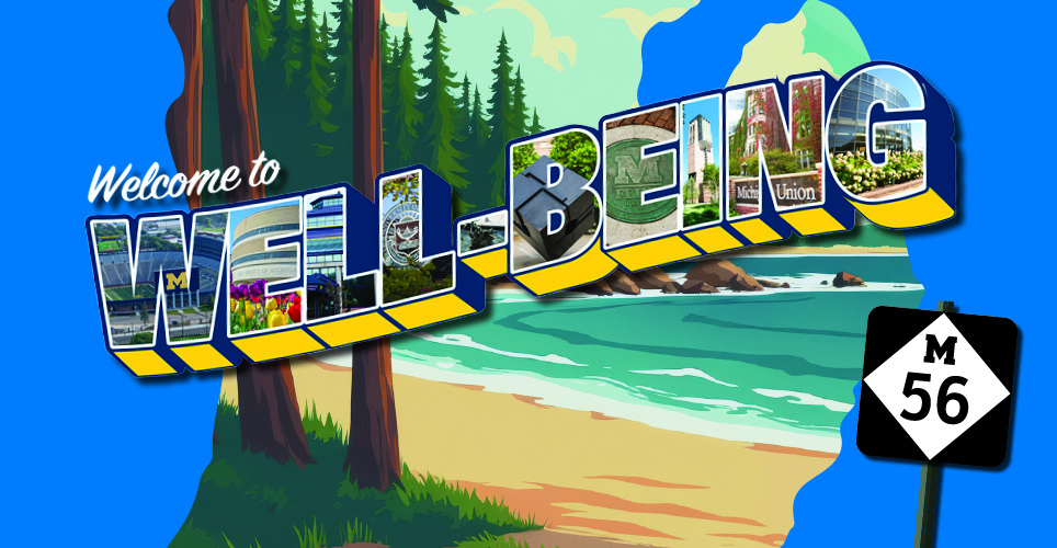 illustrated beach scene in the shape of Michigan and an M56 road sign