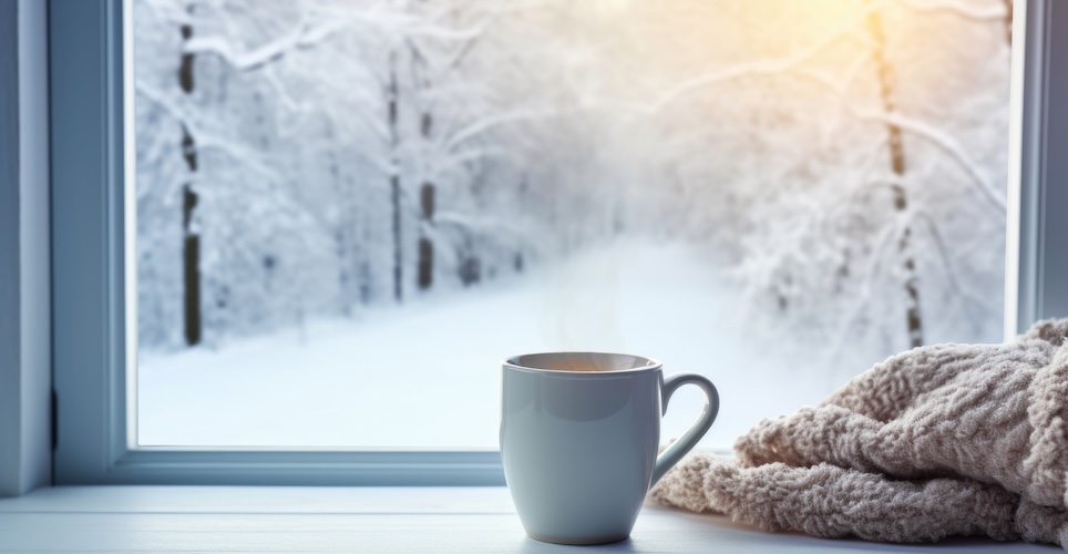 A mug and wool mittens on a windowsill overlooking a winter scene with sunrise