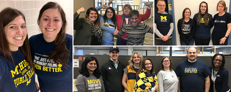 Collage of 4 photos with groups wearing past Active U and Michigan Shirts