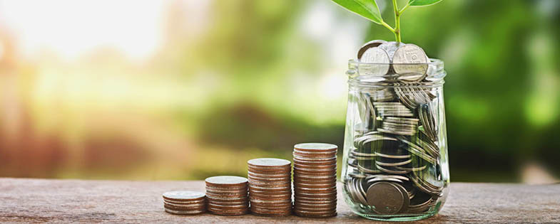 a jar filled with pennies with a plant growing out of it