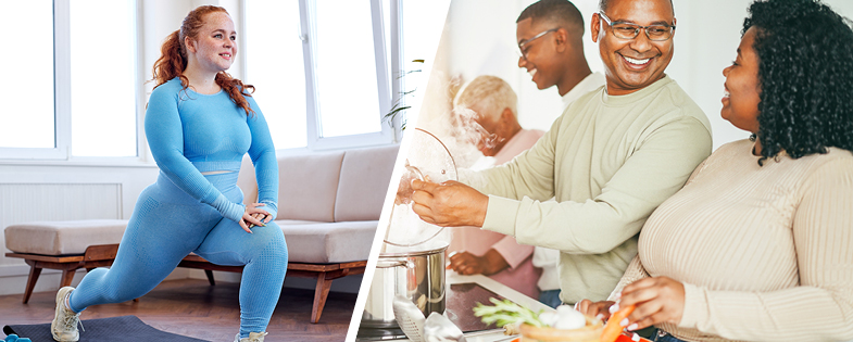 woman stretching/family cooking together