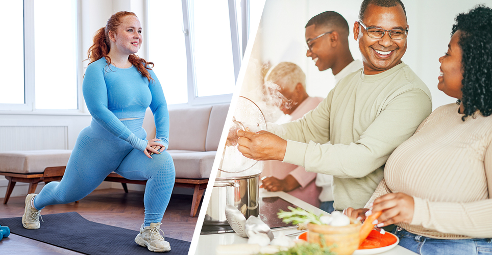 woman stretching/family cooking