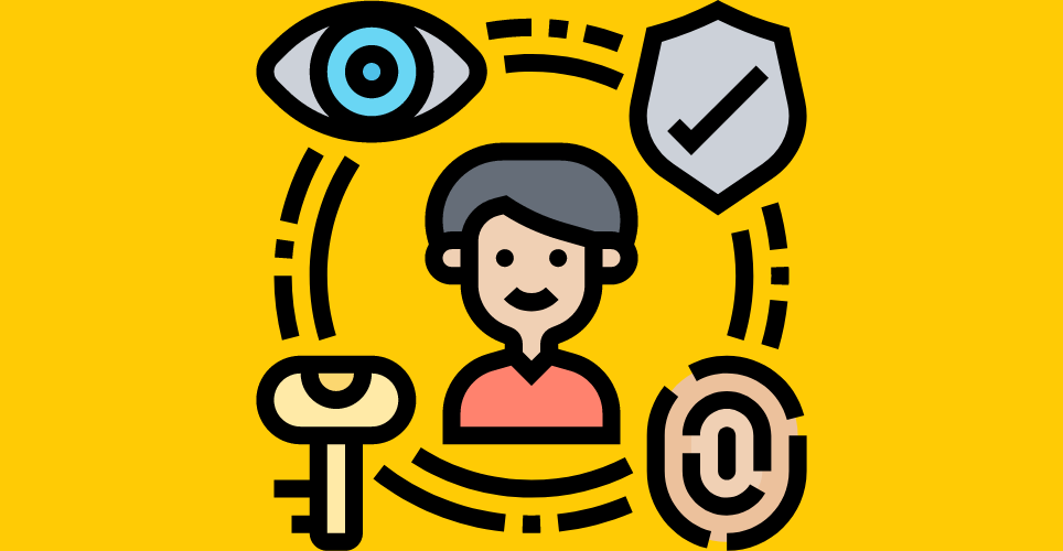 Cartoon person in the middle of a circle surrounded by an eye, check mark, key and thumbprint.