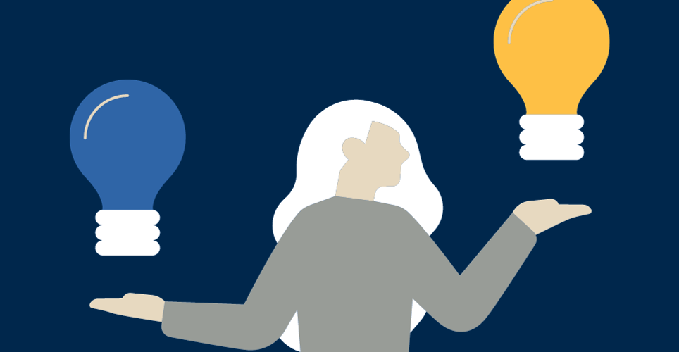 animated woman holding a blue light bulb in one hand and a yellow light bulb in the other