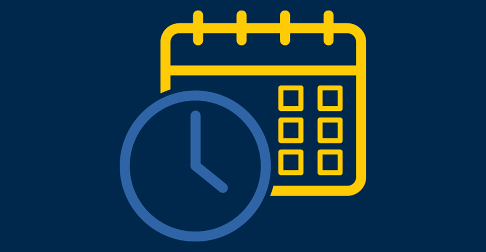 yellow calculator and blue clock on a dark blue background