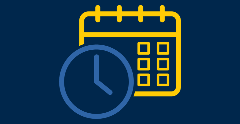 A blue clock and yellow chart against a dark blue background