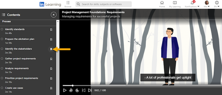 screenshot of LinkedIn Learning, showing the Contents menu on the left and the bookmark icon to save a video