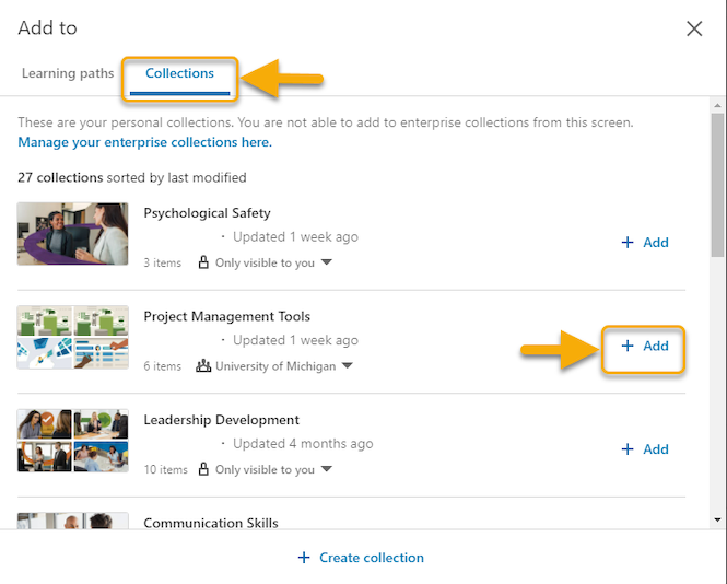 Screenshot of LinkedIn Learning showing the pop up menu to add to Collections