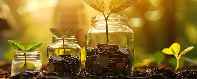 3 jars filled with coins and sprouts