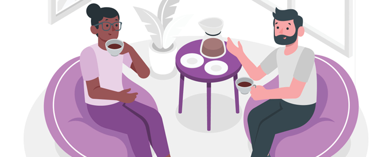 cartoon-like illustration of two people having coffee