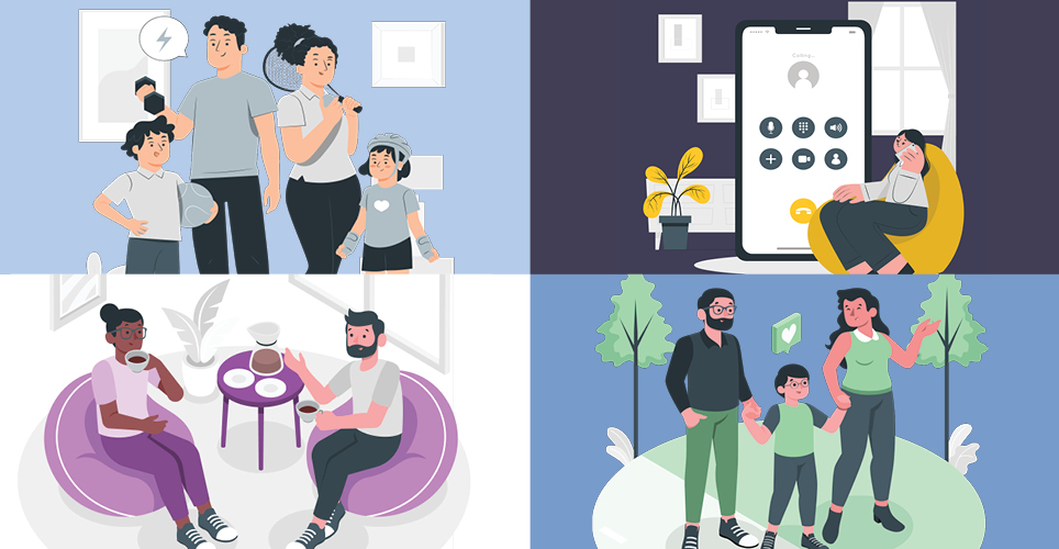 A grid of four different illustrations featuring different interpersonal interactions. A family talking, a person texting, a couple having coffee, and a family walking in nature.