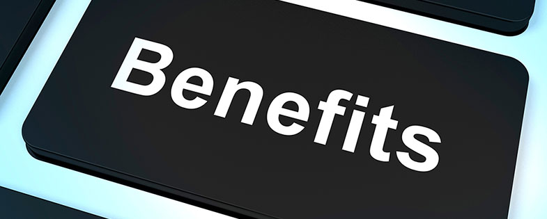 Black keyboard button with the word "benefits" in white text