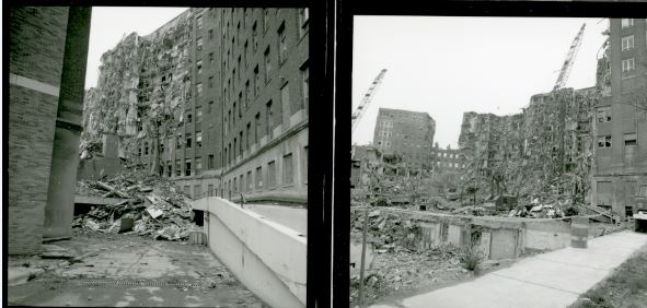 Two images from a contact sheet showing the demolition of Old Main