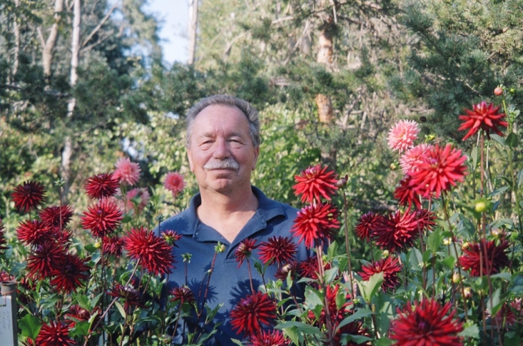 Tom Ruple standing behind many dahlias