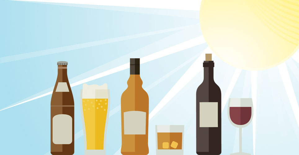 illustrations of beer bottle and glass, wine bottle and glass, liquor bottle and glass