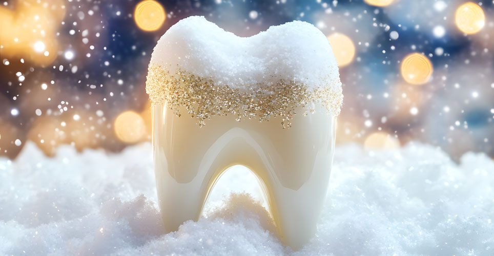 A tooth with snow on the cap in a background of holiday lights