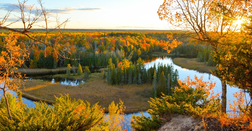 View from above looking at a river running through a forest in fall with colorful trees and  a blue sky