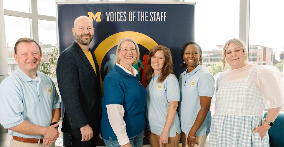 Keynote Speakers and Voices of the Staff leadership pose after annual meeting. Six people in all, from left: Rich Holcomb, AVPHR, Bob Jones, and Cathy Handyside from ITS, Peggy Sheagren and Dyan Jenkins Ali, UHR and Amy Homkes-Hayes