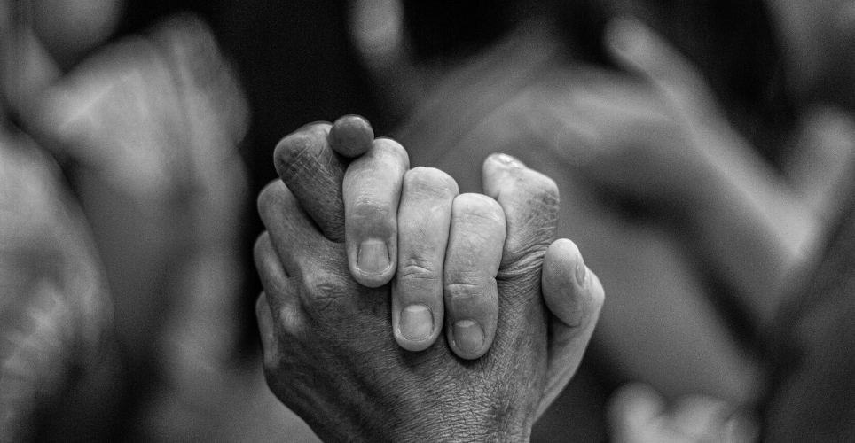 A light-skinned hand and dark-skinned hand holding each other and raised up in unison