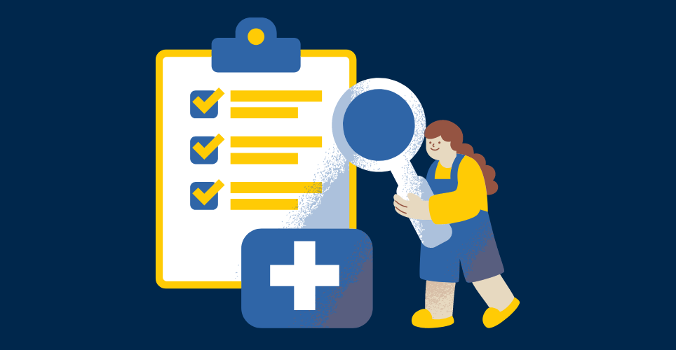 Large white, yellow and blue chart with small person holding magnifying glass next to it