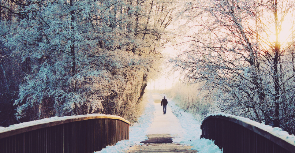 man walking away from camera on nature path in winter with snow on the trees and ground. a bridge railing is visible in the foreground and the sun is setting